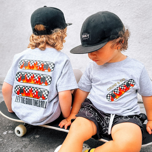 Good Times Roll Skateboard | Heather Grey Pocket Graphic T-shirt