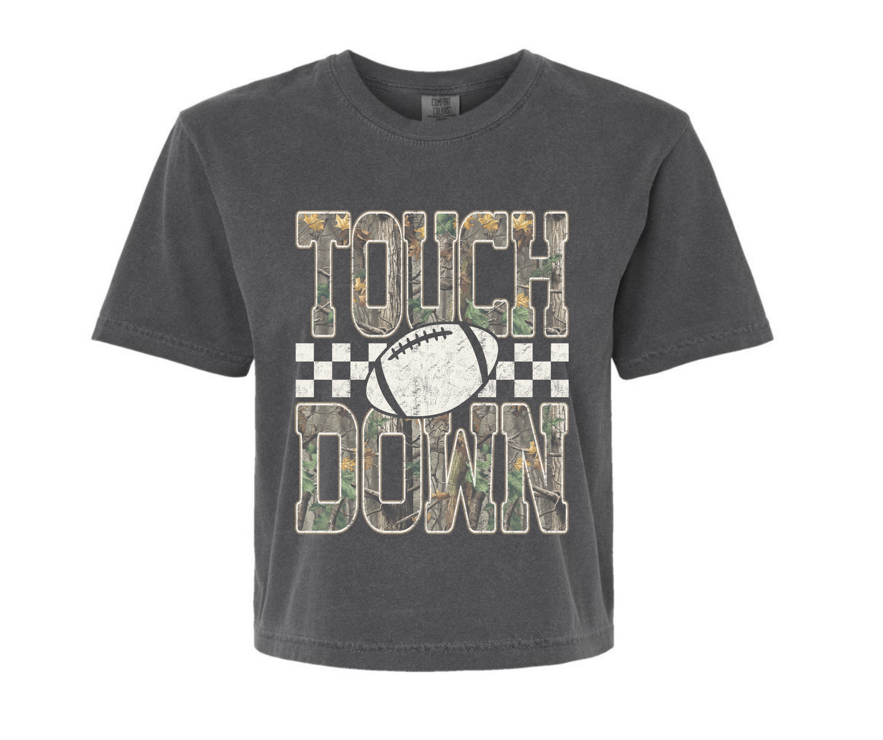 Camo Touch Down| Comfort Color Crop Tee- Pepper