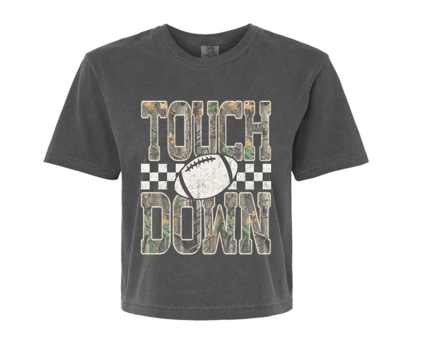 Camo Touch Down| Comfort Color Crop Tee- Pepper