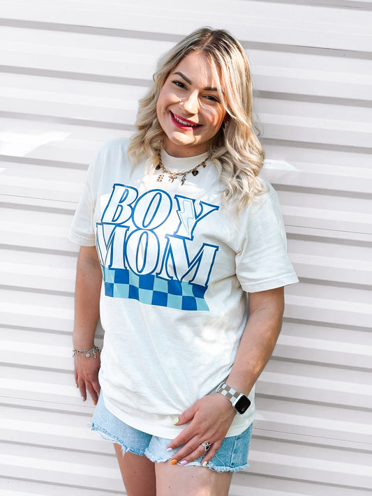 Boy Mom Checker Bolt | Comfort Color Tee- Ivory