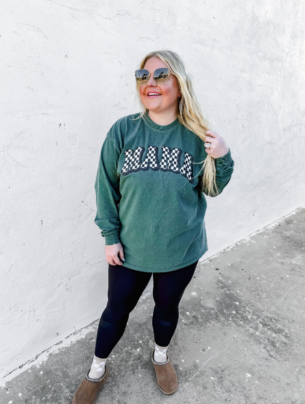 Neutral Fall Checker | Comfort Color Long Sleeve Tee- Emerald