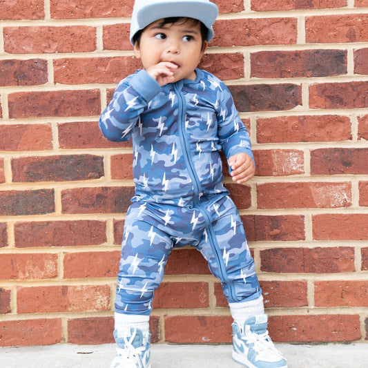 Bamboo Zip Romper | Blue Camo Bolts