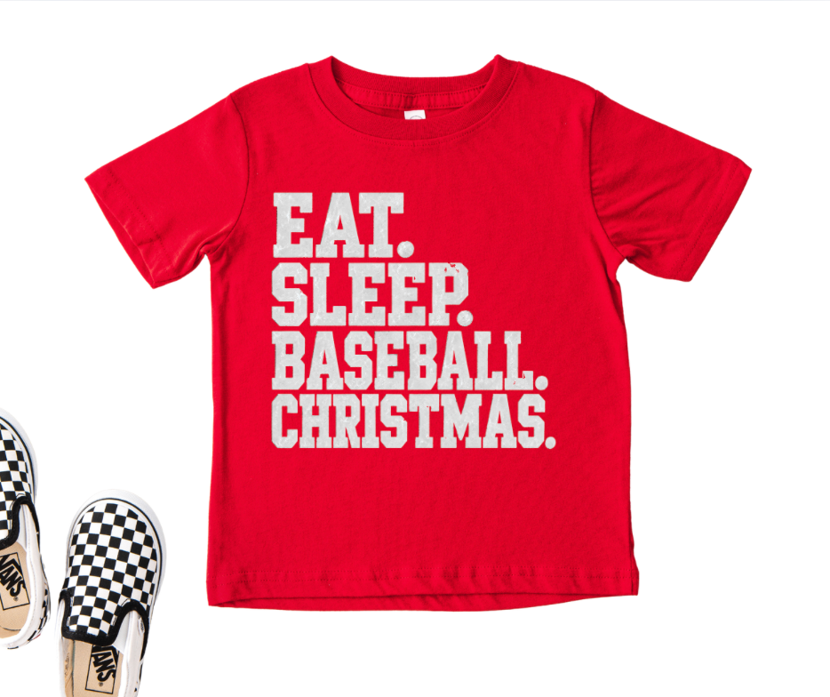 PREORDER EAT.SLEEP.BASEBALL.CHRISTMAS | RED GRAPHIC T-SHIRT