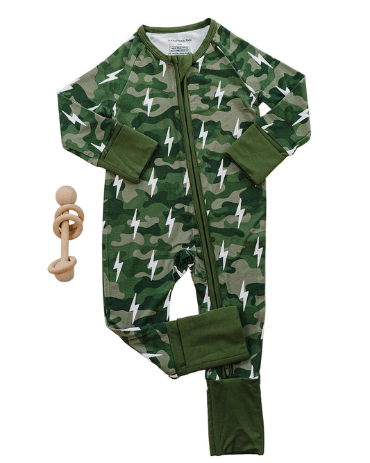 Bamboo Zip Romper | Green Camo Bolts