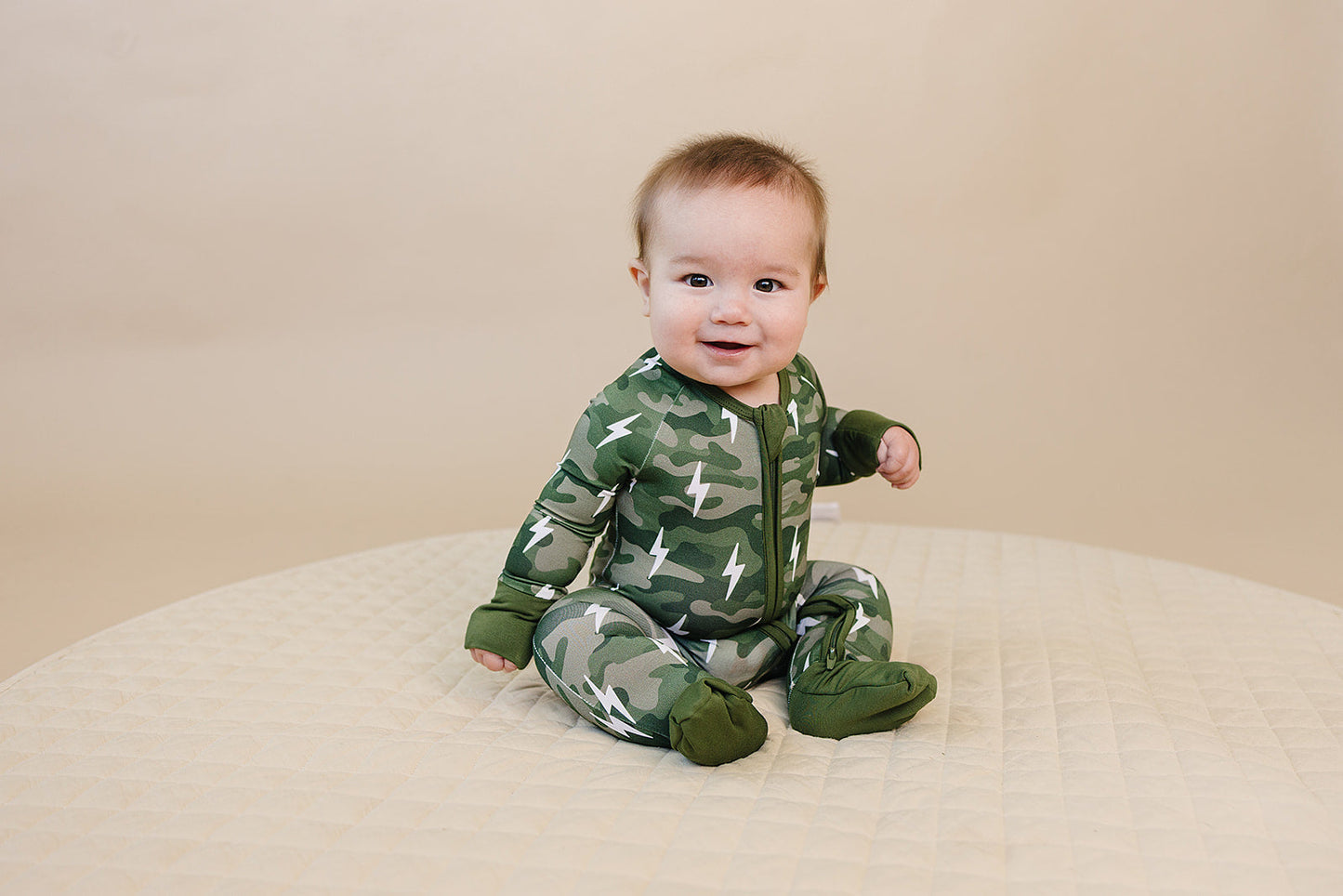 Bamboo Zip Romper | Green Camo Bolts