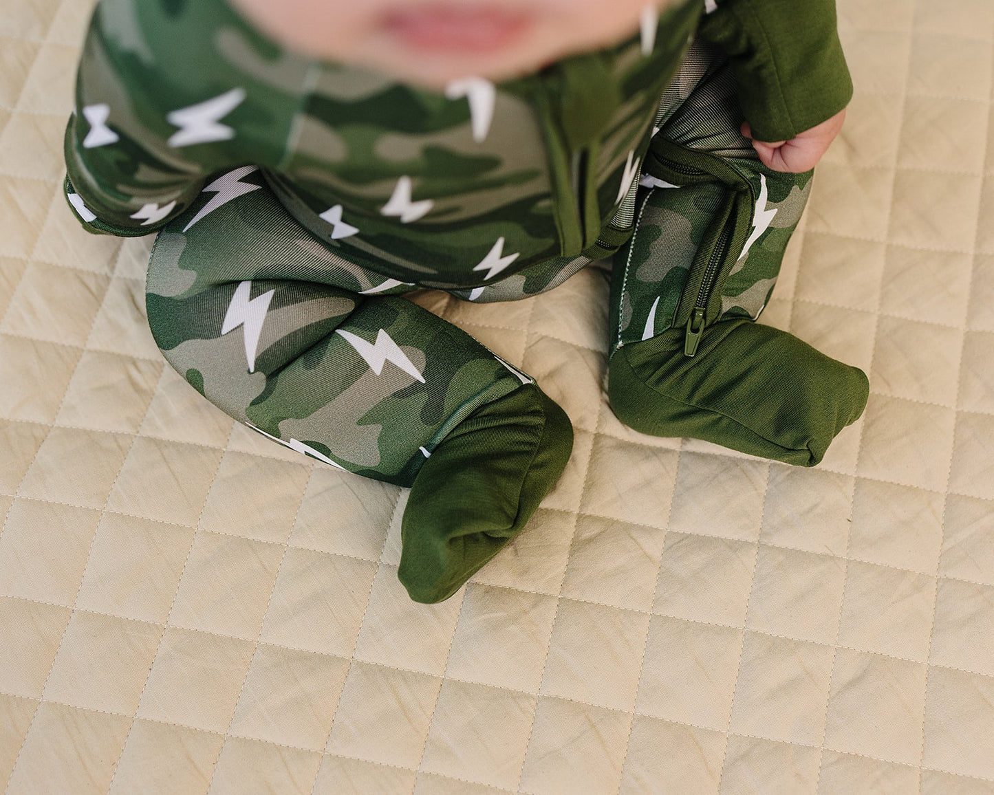 Bamboo Zip Romper | Green Camo Bolts